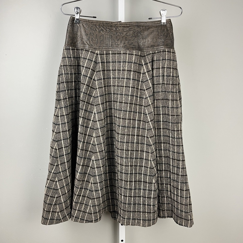 Bagatelle Midi‎ Skirt Womens 8 Brown Plaid Leather Trim Vintage Western Boho